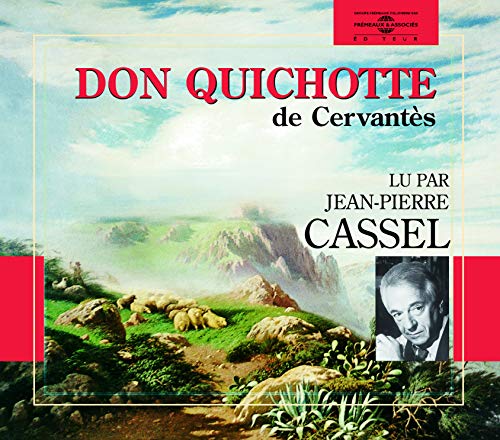 Don Quichotte" audiobook cover with landscape painting and Jean-Pierre Cassel portrait.