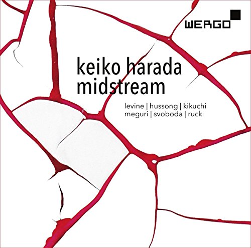 Album cover with white background, red abstract veins, and black text "keiko harada midstream".