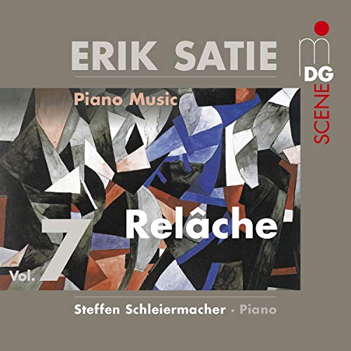 CD cover with abstract geometric art and text "Erik Satie: Piano Music Volume 7 Relache".