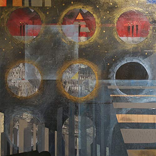 The image depicts a CD cover with an abstract, mixed-media artwork featuring circles and geometric shapes.
