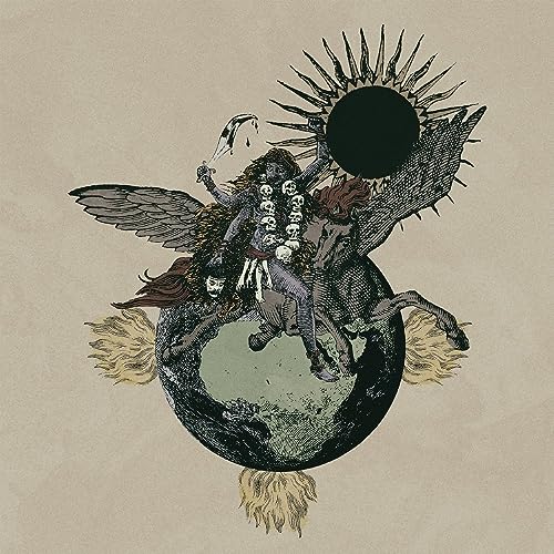 Dark, detailed illustration of a winged figure atop a globe, with sun.