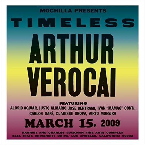 Vinyl record cover for Arthur Verocai’s “Timeless” with colorful gradient background.