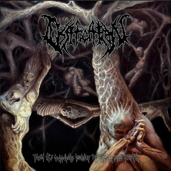 Dark, surreal album cover with skeletal tree-like figures and a prone form.