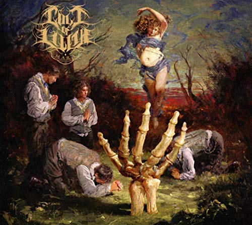 Album cover art: surreal scene with men worshiping a totem and a floating woman.