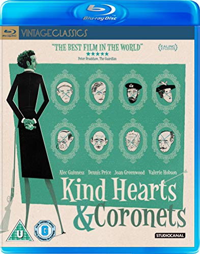 Blu-ray cover for "Kind Hearts & Coronets" featuring portraits and a figure.