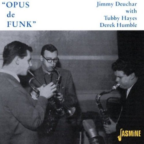 "Album cover with black and white photo of three men playing saxophones."