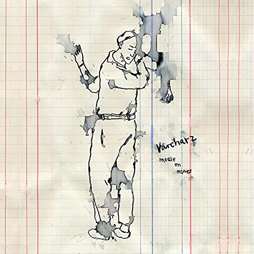 Sketch of a man with raised arms on lined paper, album cover.