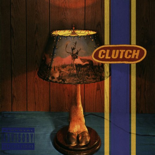 Clutch album cover: a lampshade with a deer image and blue stripes.