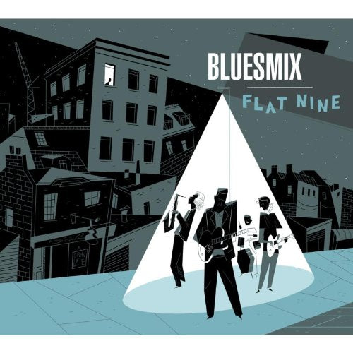 "Album cover art featuring musicians in a spotlight, with cityscape background."