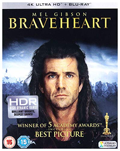 Braveheart 4K Ultra HD and Blu-ray cover featuring a portrait of Mel Gibson.
