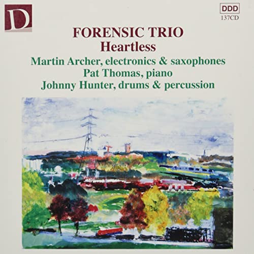 CD cover for "Forensic Trio - Heartless" with a watercolor landscape.