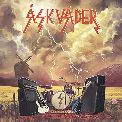 Album cover for Åskväder’s “Fenix” featuring stormy skies, instruments, and a windmill.