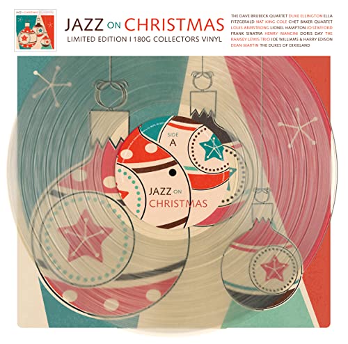 Jazz On Christmas" vinyl record cover with colorful ornament illustrations.