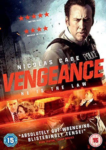 DVD cover for Vengeance featuring Nicolas Cage in a police uniform with action scenes.