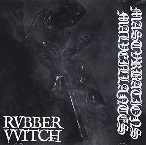 Dark, distorted image of a figure in a hooded cloak with text.