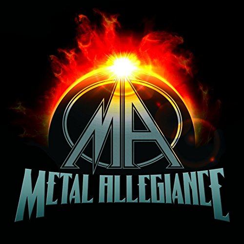 "Metal Allegiance album cover featuring a stylized 'MA' logo with fiery red and orange background."