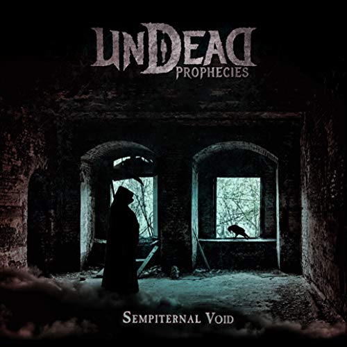 Dark album cover with hooded figure in a dimly lit, ruined arched room.
