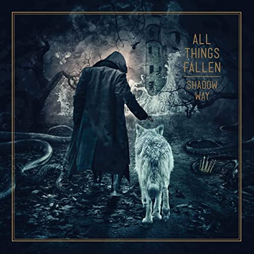 CD cover: hooded figure, wolf, ruined tower in a dark, misty landscape.