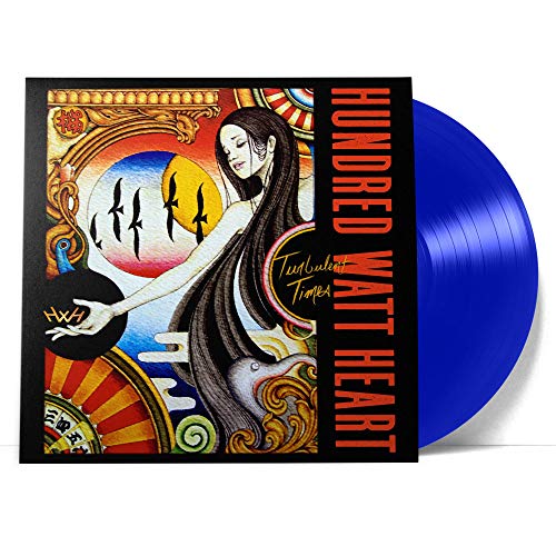 Album cover art featuring a woman with long hair next to a blue vinyl.