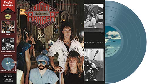 Night Ranger’s “Midnight Madness” album cover and light blue vinyl record.