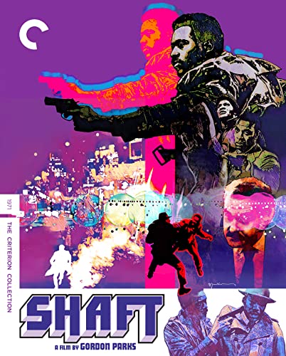 Shaft Blu-ray cover: stylized portrait of a Black detective with a gun.