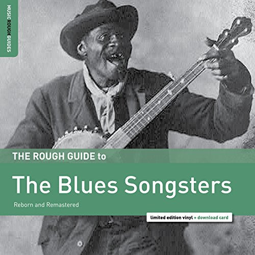 Black-and-white image of man playing banjo, with green banner and white text overlay.