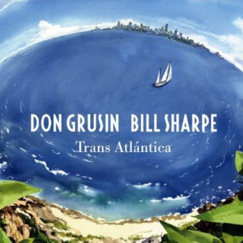 "CD cover art with a sailboat on a blue ocean and rocky coastline."