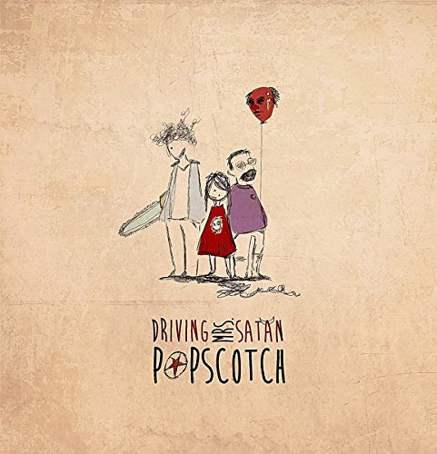 "Album cover with cartoon drawing of three figures and red balloon, text 'Driving Mrs Satan - Popscotch'."