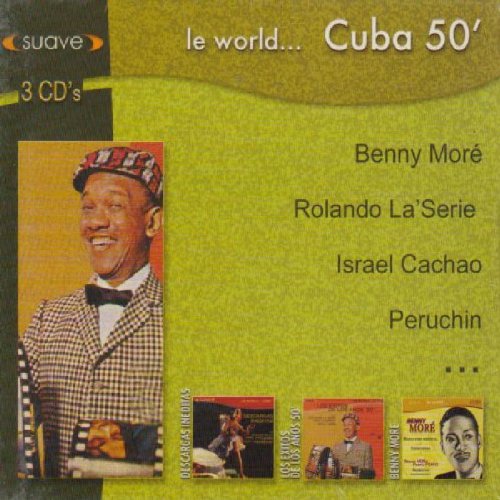 "CD cover with Benny Moré image, green background, and artist names listed."