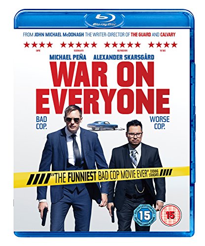 "Blu-ray case with two men in suits holding guns, 'War On Everyone' title."