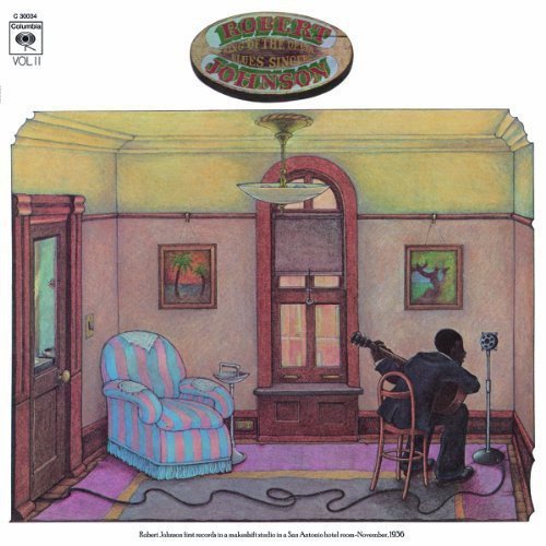 "Vinyl record cover featuring Robert Johnson playing guitar in a room illustration."