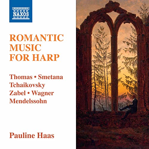 CD cover: arched window scene, text “Romantic Music for Harp” and composer names.
