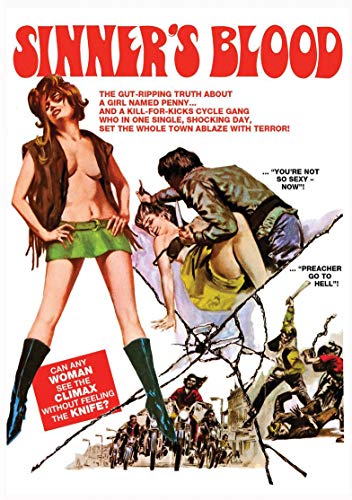 "Sinner's Blood" DVD cover featuring a provocative illustration of a woman and violent scenes.
