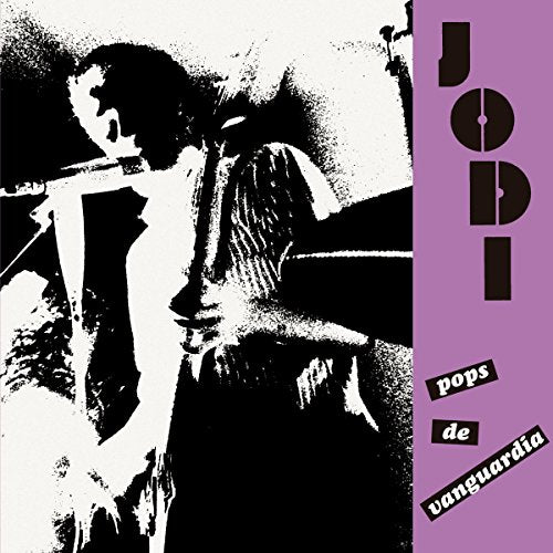 "Album cover with a black and white image and purple text."