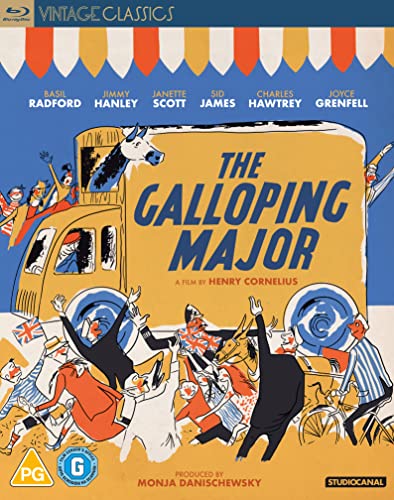 Blu-ray cover for "The Galloping Major" featuring cartoon figures and a horse.