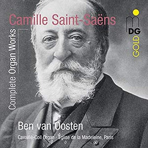 CD cover featuring black-and-white portrait of Camille Saint-Saëns with text overlay.