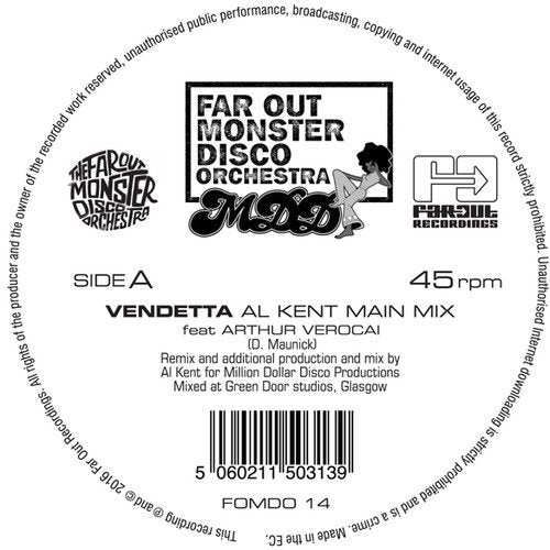 Vinyl record label featuring "Far Out Monster Disco Orchestra" and barcode.
