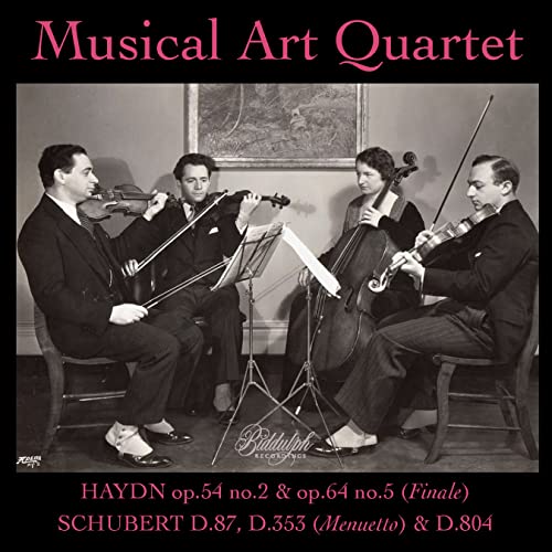 Black and white photo of four musicians playing string instruments.