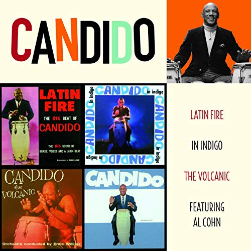 A collage of four Candido album covers featuring a man playing drums.
