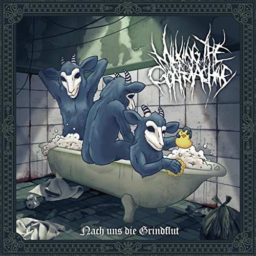 CD cover: Three dark blue goats in a bathtub with bubbles.
