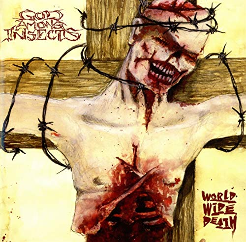 Distorted image of a figure on a cross with barbed wire and blood.