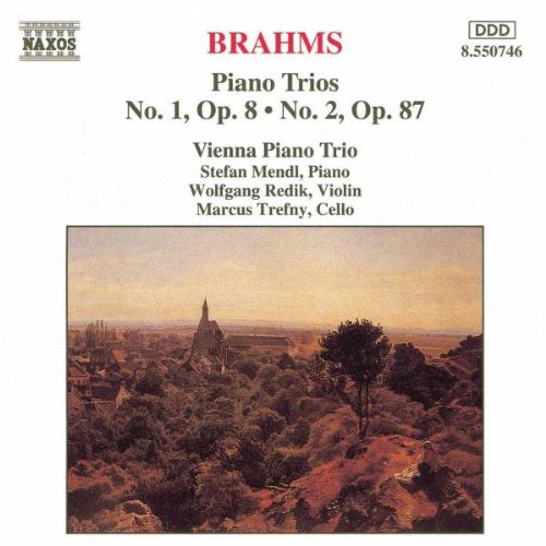 CD cover with landscape painting, featuring Brahms' Piano Trios by Vienna Piano Trio.