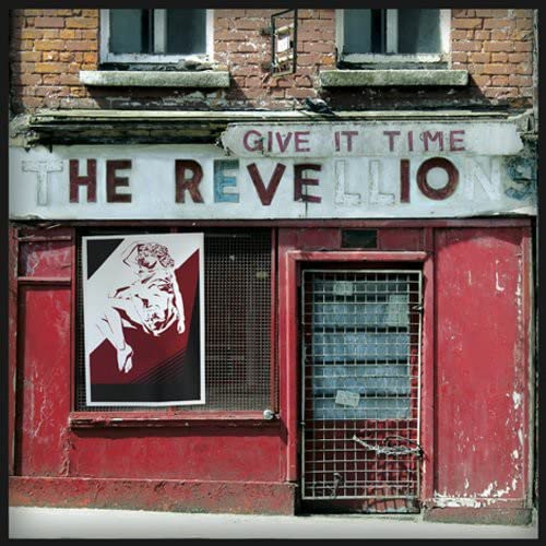Vinyl album cover for The Revellions’ “Give It Time,” red storefront.