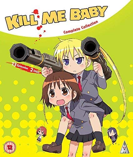 Anime cover: girl with guns, another on her back, yellow background.