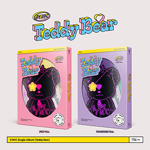 Stayc “Teddy Bear” CD single album, two versions shown, bear illustration.