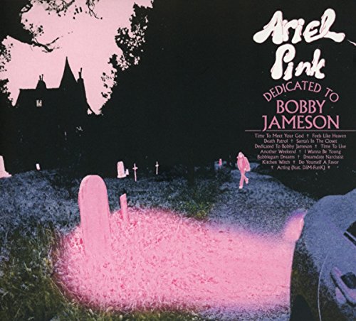 The image depicts a CD cover for "Pink Ariel - Dedicated To Bobby Jameson." The alt text should be: "Album cover with a pink-tinted graveyard scene and a car."