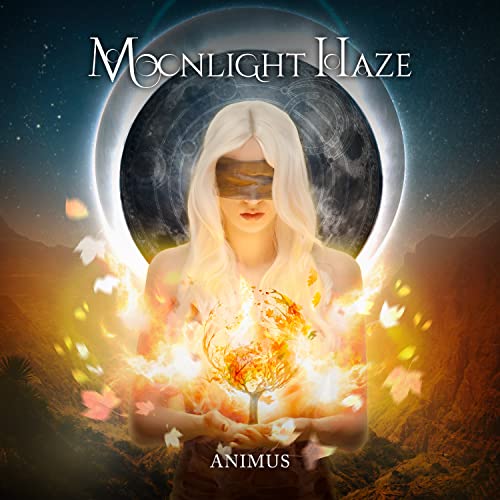 Woman with glowing tree, moon backdrop, album cover for Moonlight Haze - Animus.