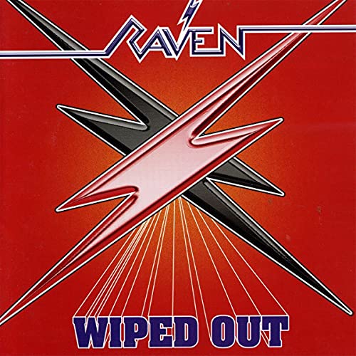 Raven “Wiped Out” vinyl record cover: red background with lightning bolt design.
