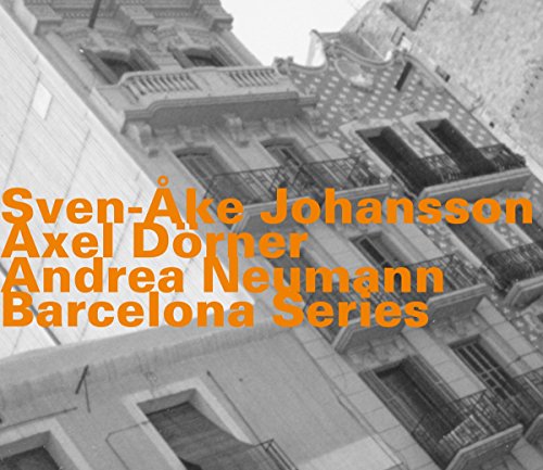 "Album cover with orange text on black and white building image."