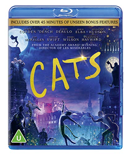 “Cats” Blu-ray cover featuring costumed performers in a city scene.
